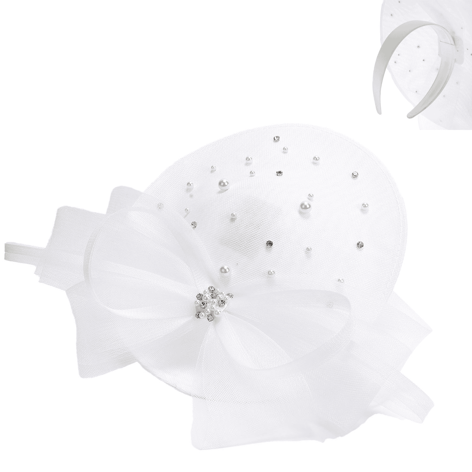 New -Organza Bow Pure White Fascinator with Pearl and Rhinestone Accent
