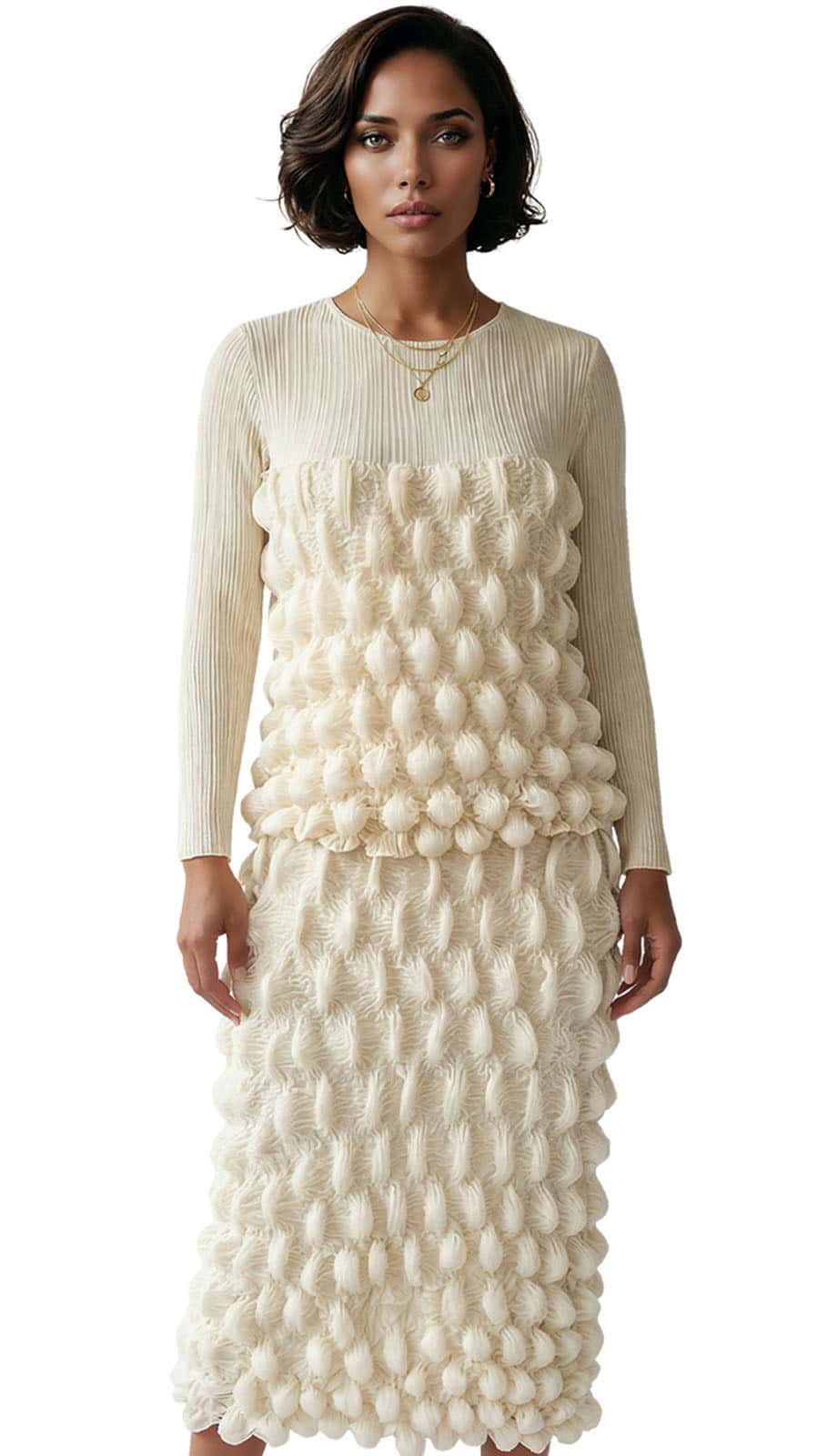 New – Designer Luxe Moda Bubble 2 Piece Skirt Set (Beige) – See Size Selection