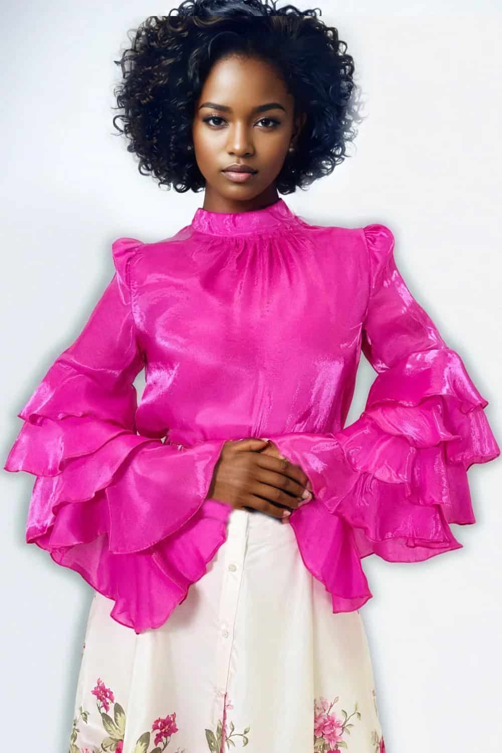 New – Hot Pink Rose Colored Ruffled Sleeve Blouse (XL)