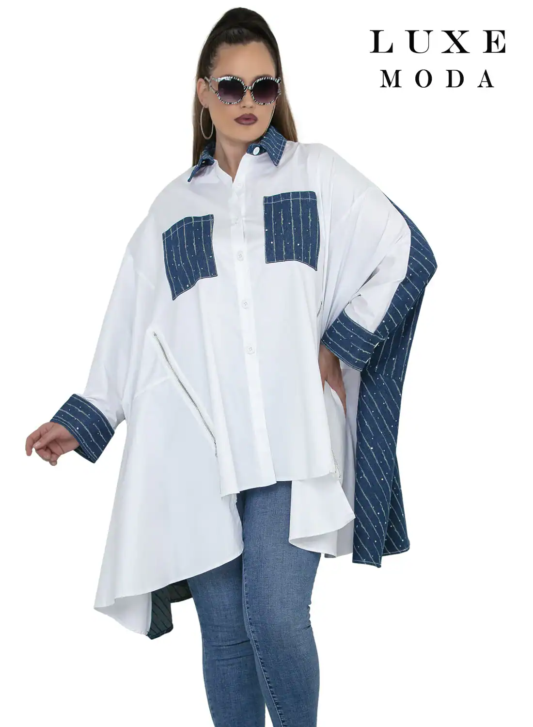 New – Designer Tunic with Denim Back (Very Chic) – One Size (O/S)