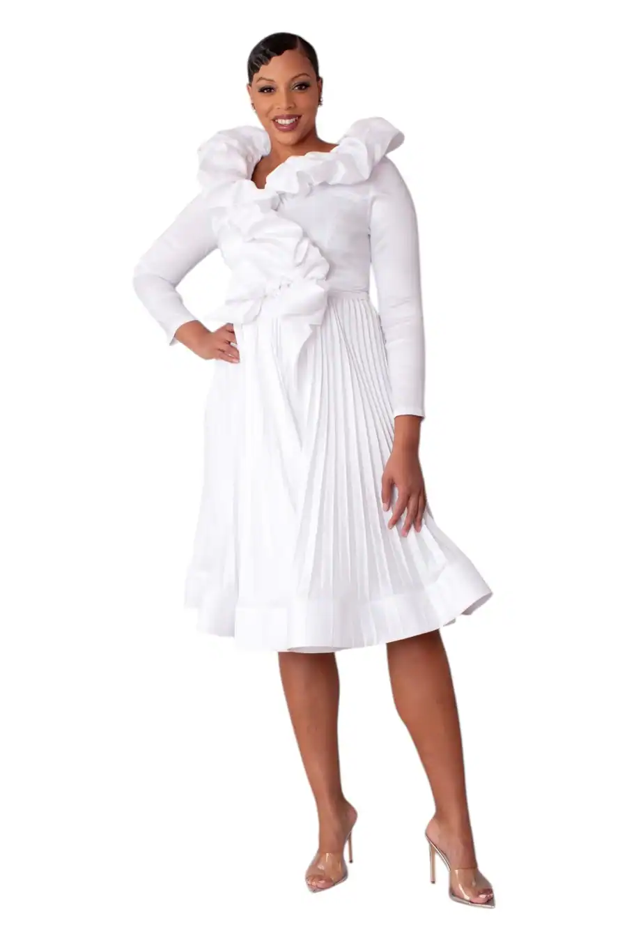 New – Designer Ruffled Pleated WHITE Dress (2 Sizes – 16 & 18)