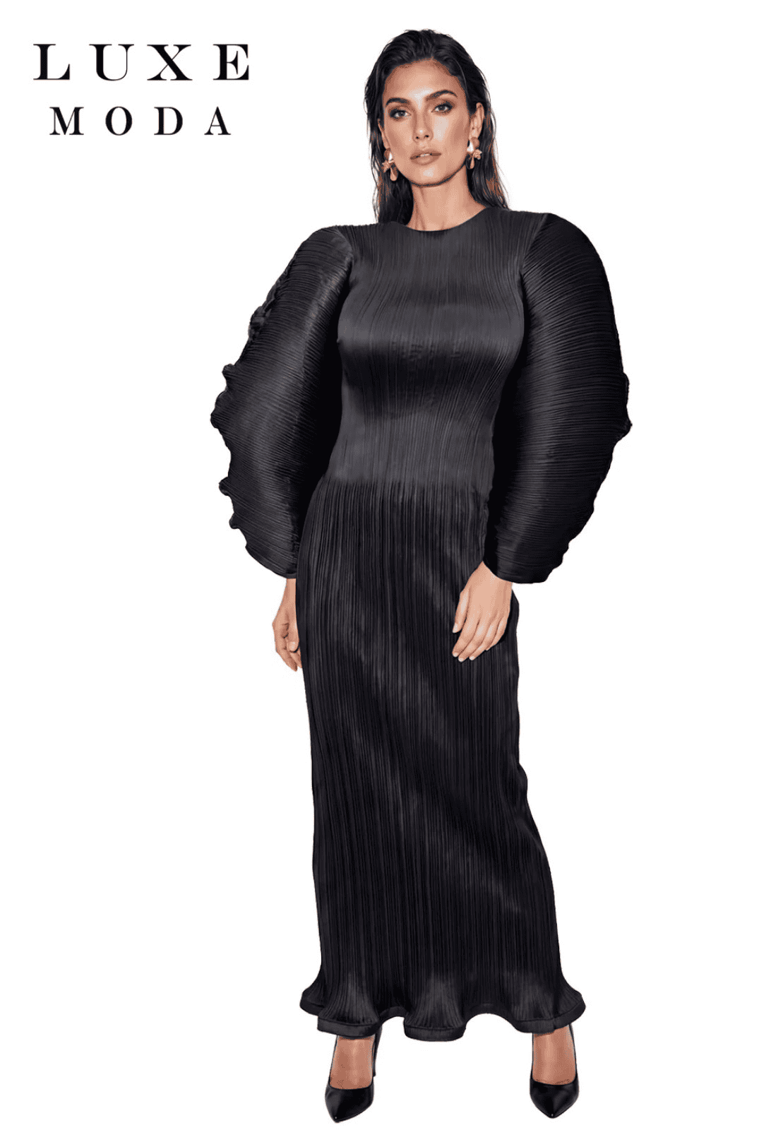 New – Designer Wrinkle Free Long/Wing Sleeve Elegant Dress (Black) – See Size Selection Below