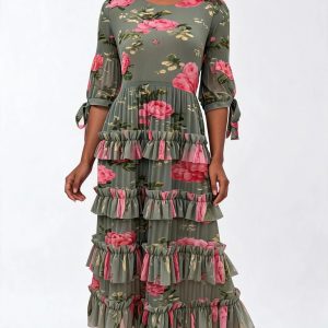 New - Designer Floral Tiered Ruffle Midi Dress (One Size )