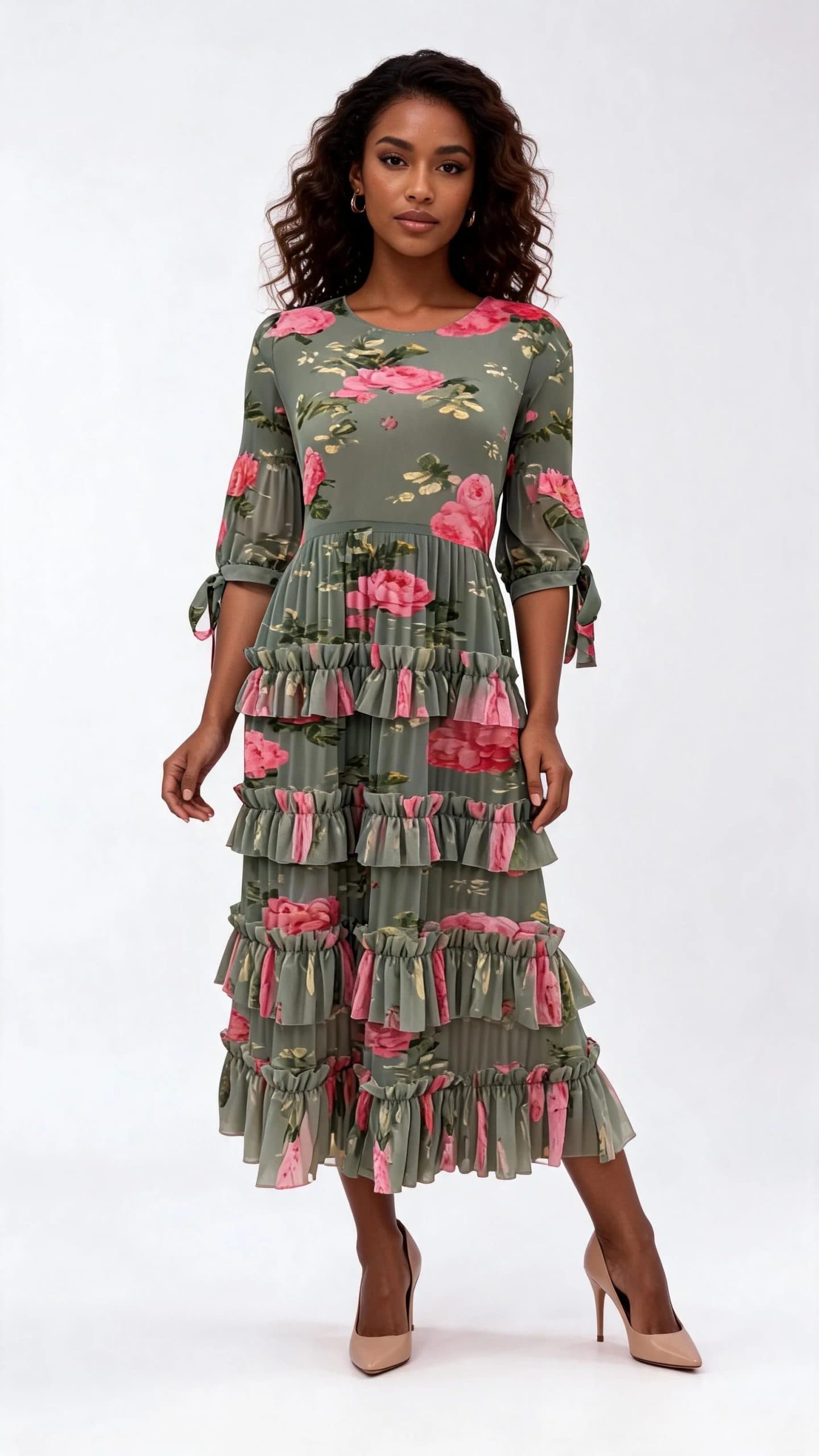 New – Designer Floral Tiered Ruffle Midi Dress (One Size )