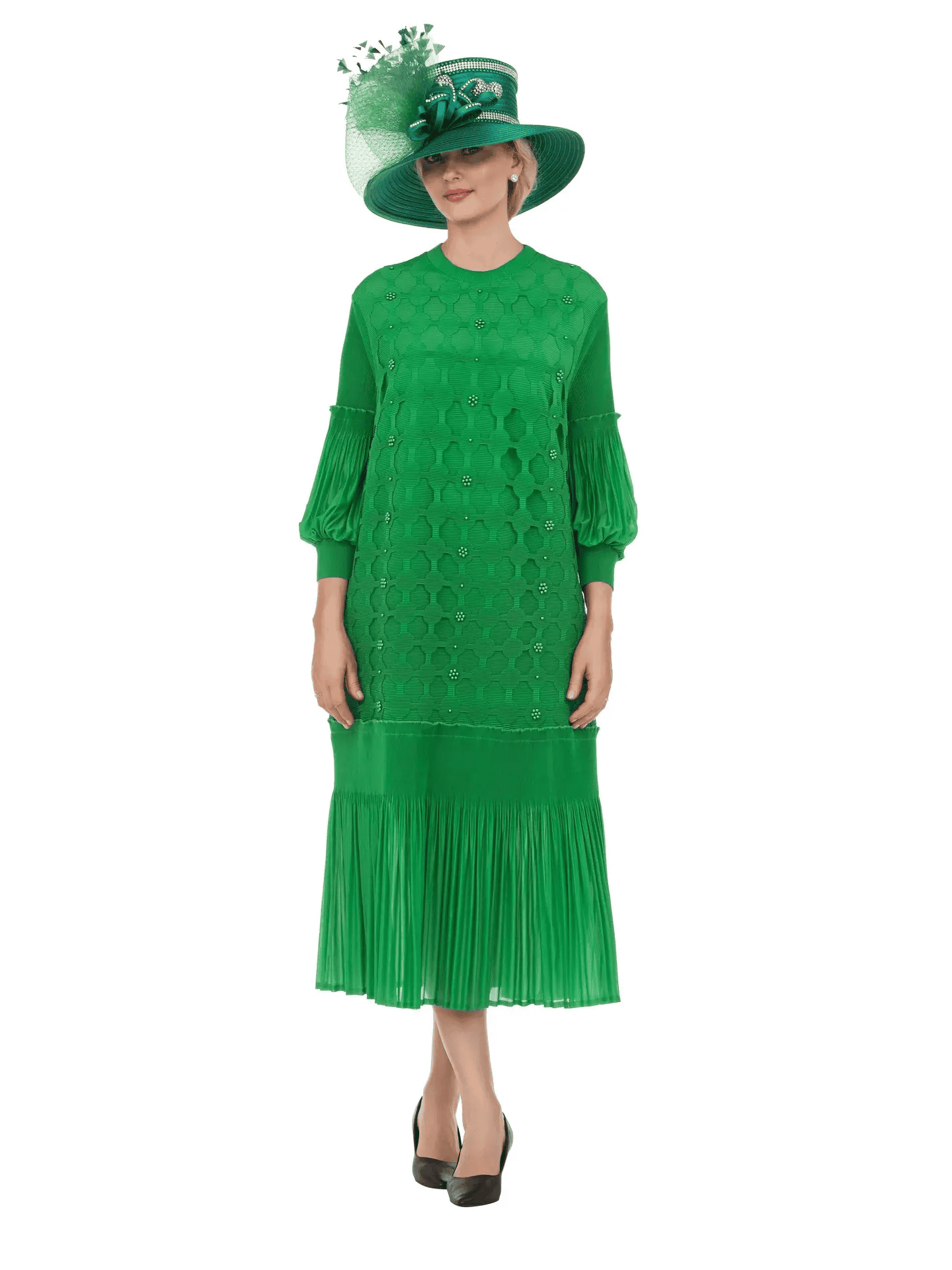 New – Green Beaded Wrinkle Free/Bouncy Elegant Dress (Large)