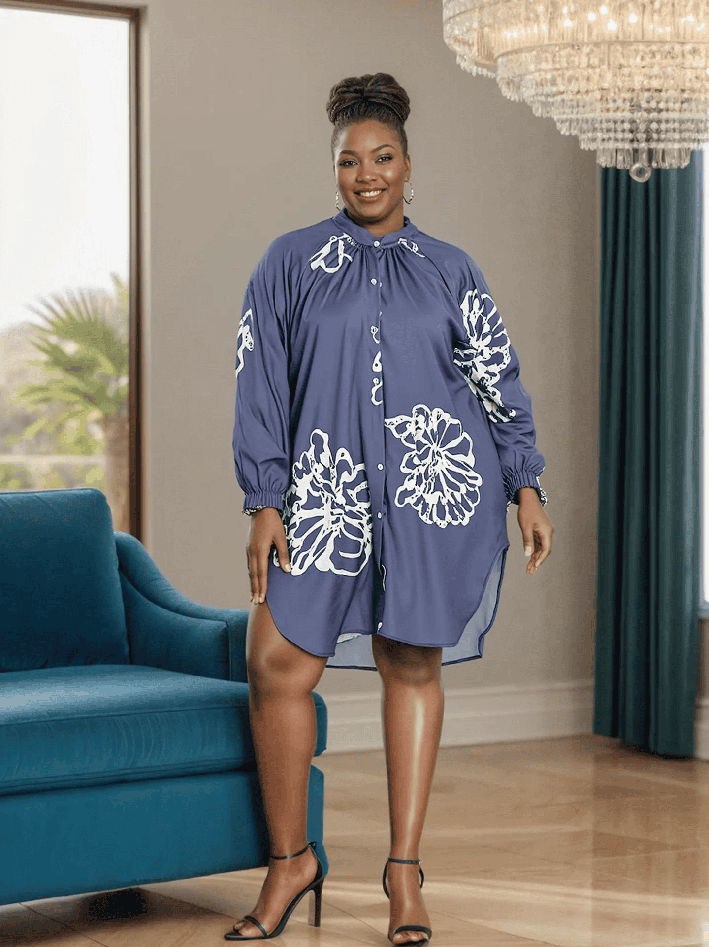 New – Women’s Long Sleeves Floral Print Midi Dress – Blue Animal Print (One Size)