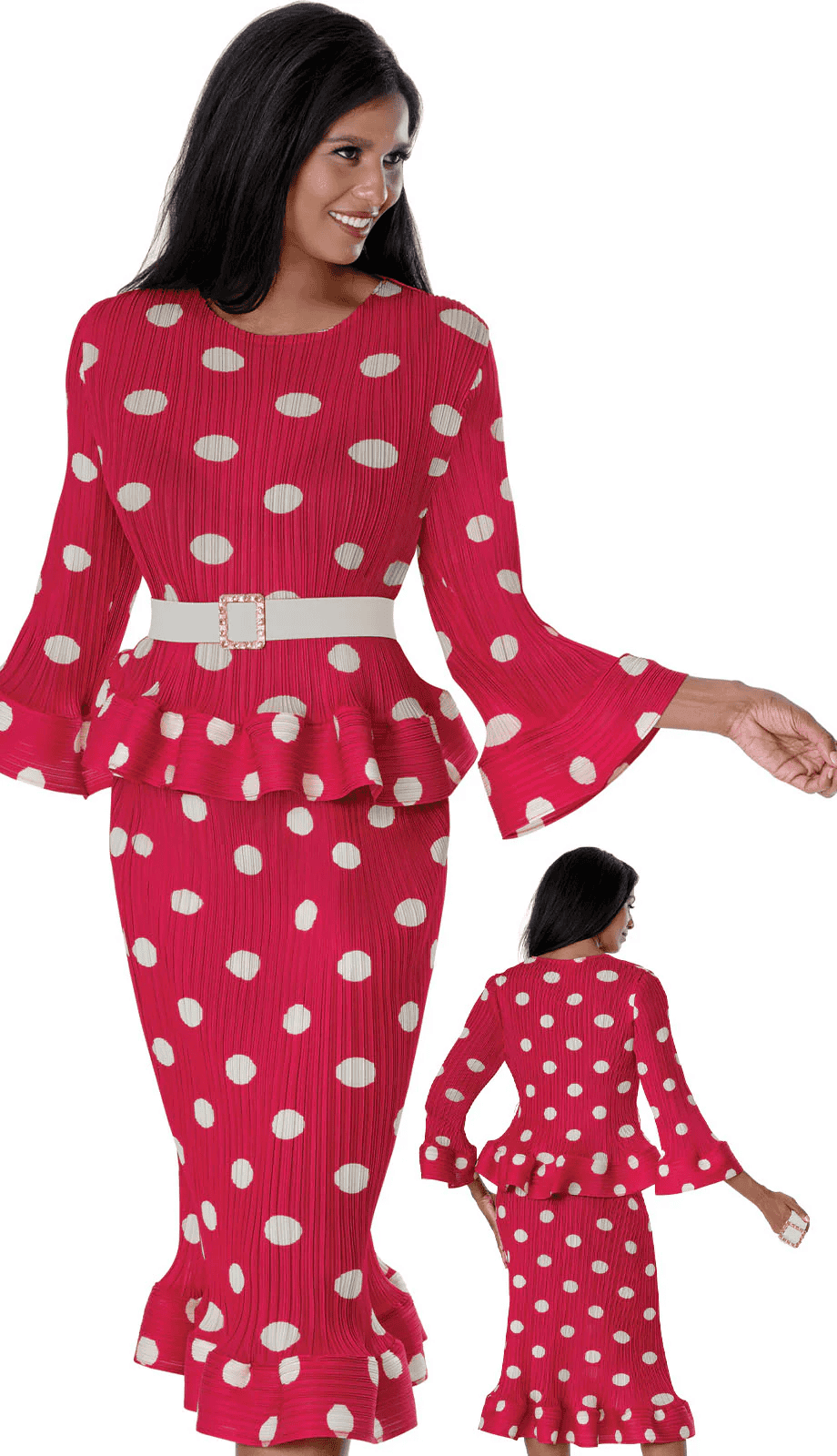 New – Designer  2pc Wrinkle Free Outfit – (Belt Included) Hot Pink w/ Dots – 16W