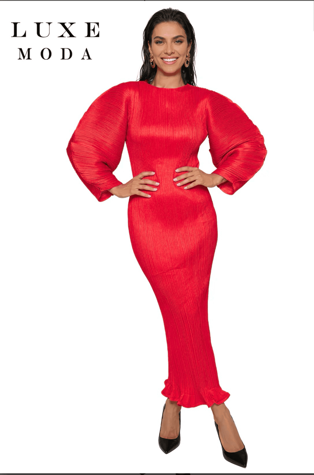 New – Designer Wrinkle Free Long/Wing Sleeve Elegant Dress (Red) – Size L/XL (Only 1)