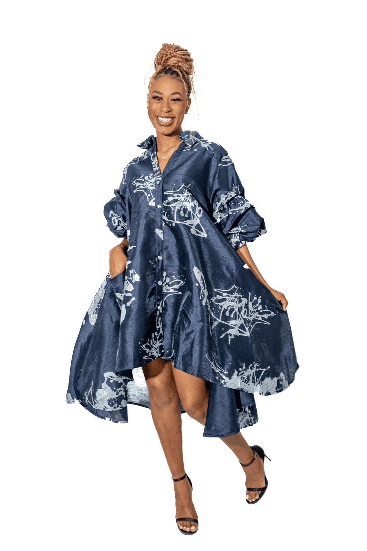 New – Navy & Silver High-Low Shirt or Dress (Your Call) – One Size  (More colors in boutique – contact us)