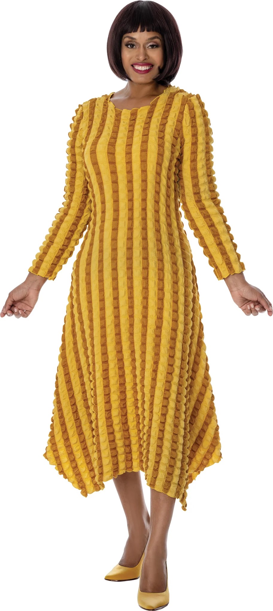 New – Gold Striped Textured Two Tone  Bubble Dress –  (Gold ) – Unique