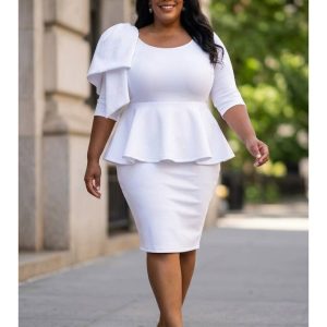 New - Big Shoulder Bow White Light Scuba Peplum Dress (1X-3X)  - See Sizes Below