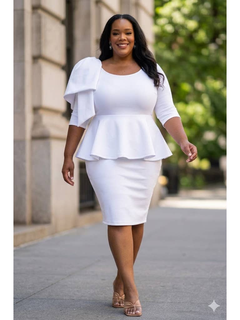 New – Big Shoulder Bow White Light Scuba Peplum Dress (1X-3X)  – See Sizes Below