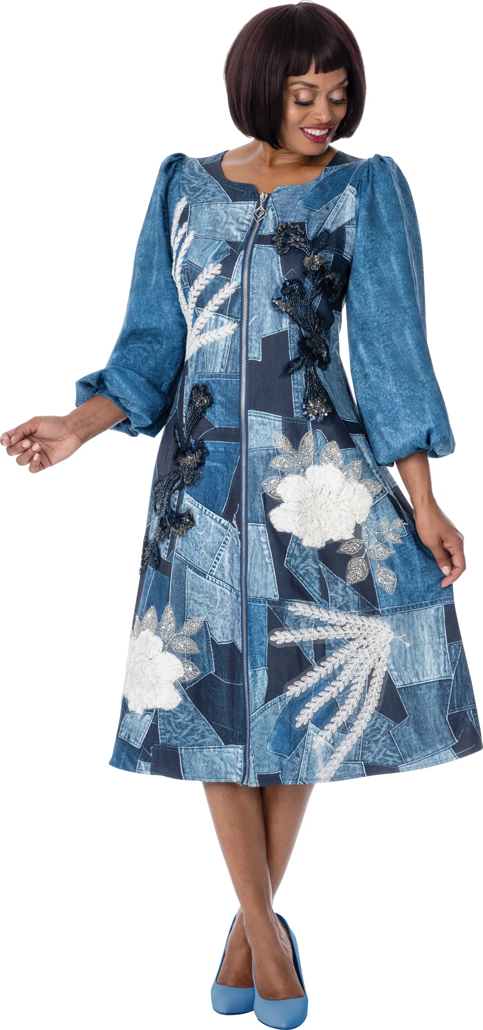 New – Denim Rhinestone Printed Two-Tone Dress  – 2 Sizes (LG or XL ) – Select Below